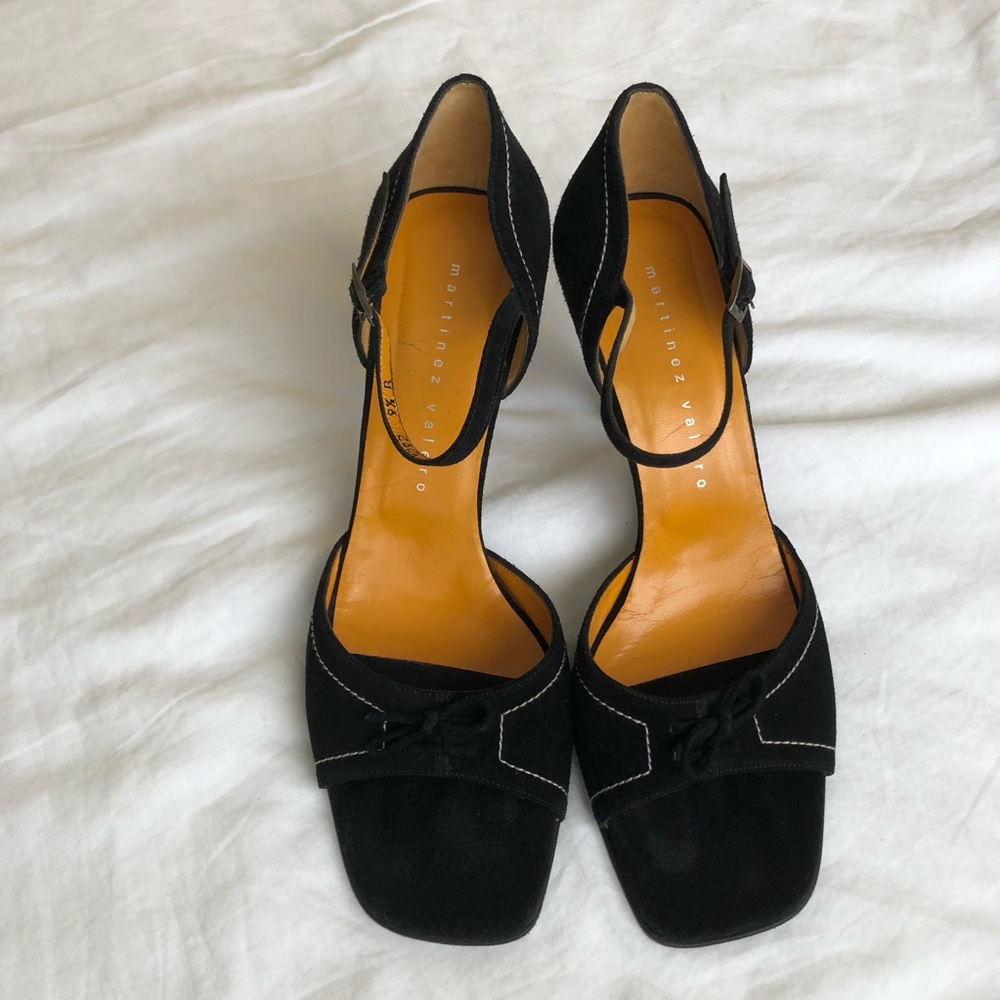 Black genuine leather suede peep toe sz 9.5